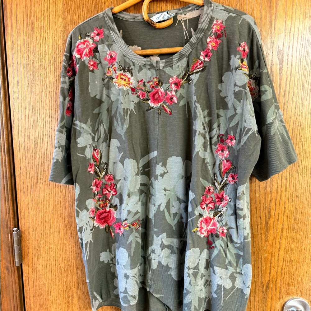 Sundance Olive Green Floral Embroidered Oversized Tunic Short Sleeve Top XL
